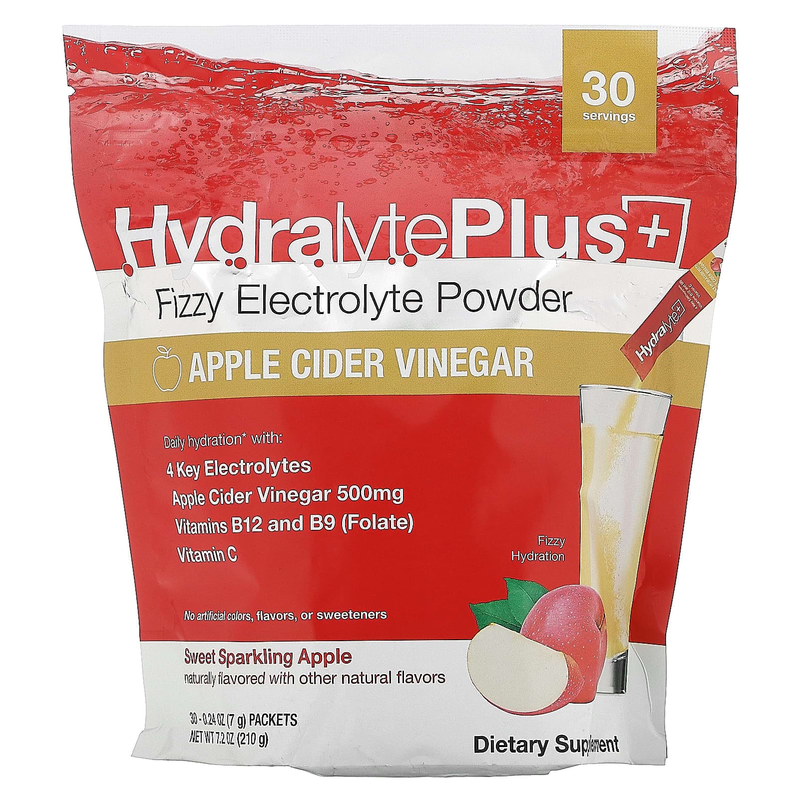 Hydralyte, Hydralyte Plus+, Electrolyte Foam Powder, Apple Cider Vinegar Flavor, 30 Packets, 0.24 oz (7 g) Each