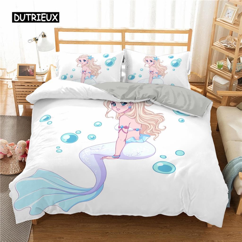 Bedding Set Crib Duvet Cover for Baby Kids Children Blue Cartoon Mermaid Edredones Niños Girls Princess Polyester Quilt Cover EU single(135x200cm)