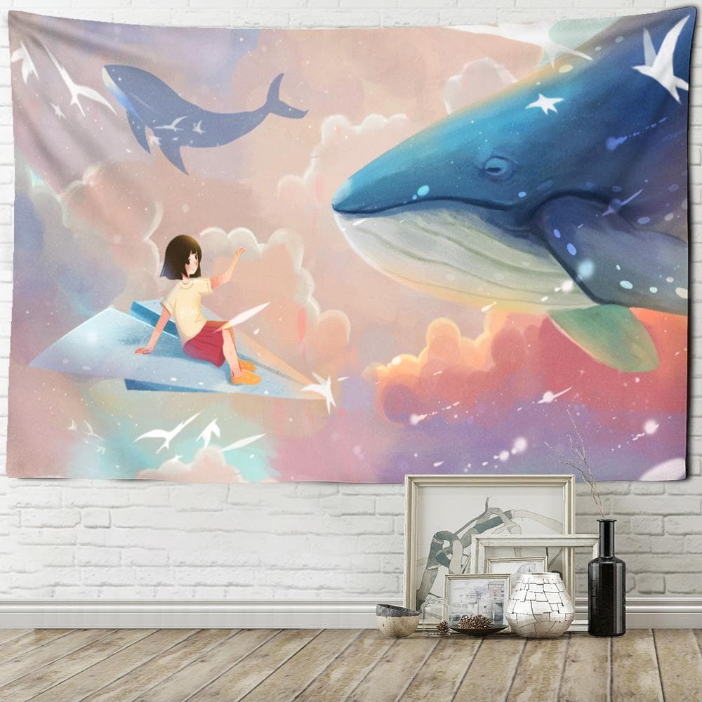 Japanese Whale Illustration Tapestry Wall Hanging Girl Sea Dragon Fish Bohemian Hippie Kawaii Carpet Children's Room Decor 95x70cm