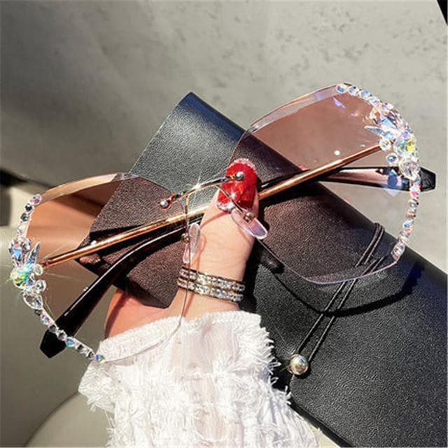Rimless Diamond Sunglasses Women Men Fashion Polygon Oversized Frameless Glasses Retro Pink Gradient Car Driving Sun Glasses pink