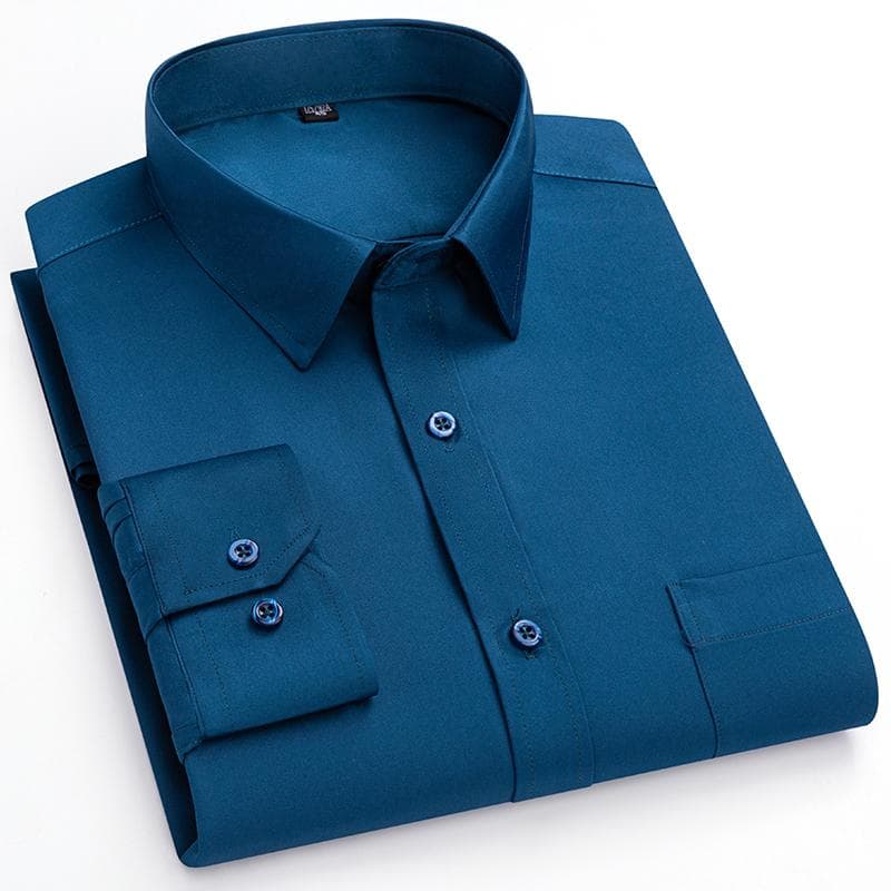 Men plain shirts Non-Iron Antiwrinkle Long Sleeve Regular Male Dress Shirt with Chest Pocket Turn Down Collar 43