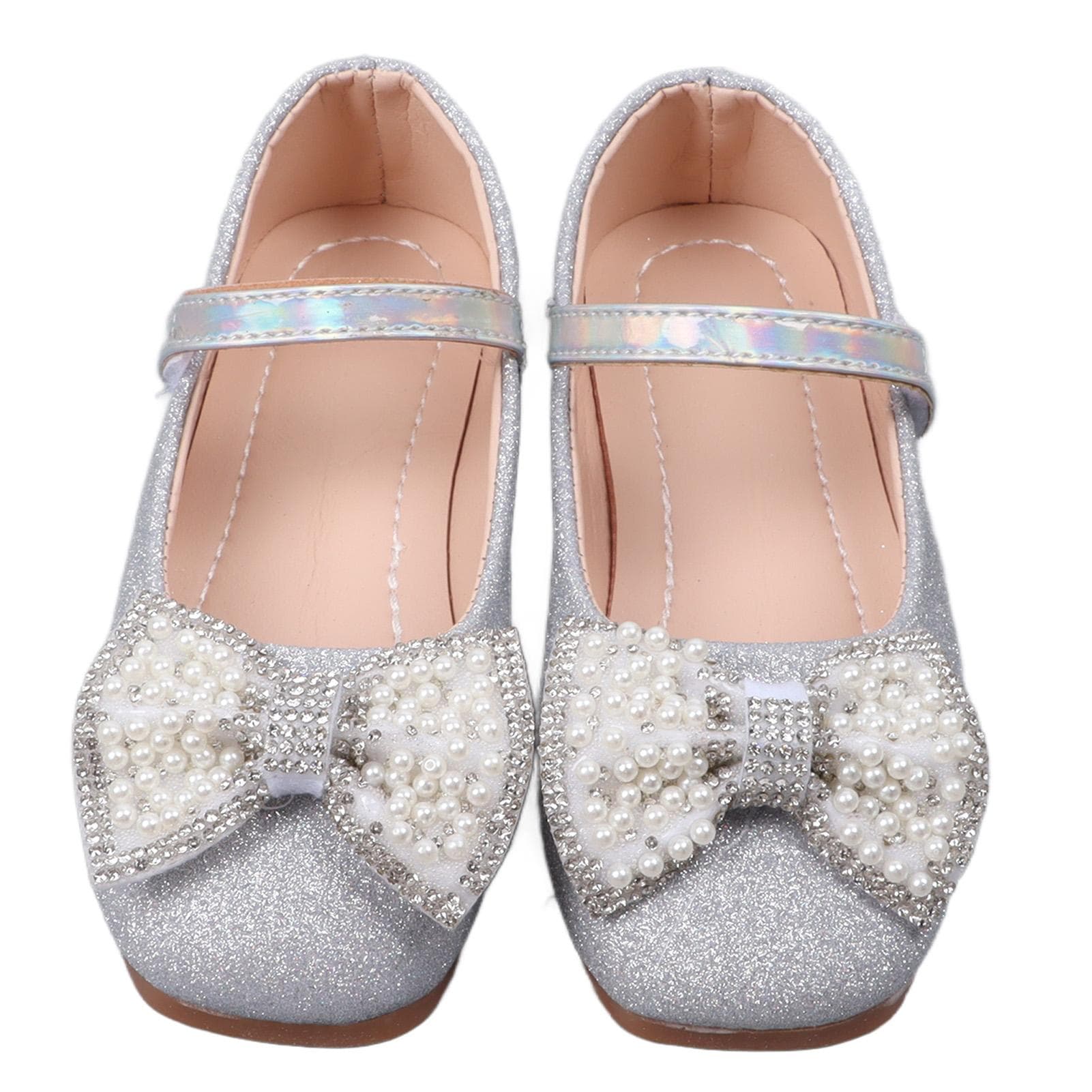 Girl Rhinestones Faux Pearl Bow Decor Dress Shoes Kid Fashionable Elegant PU Leather Glitter Flat 28 silver