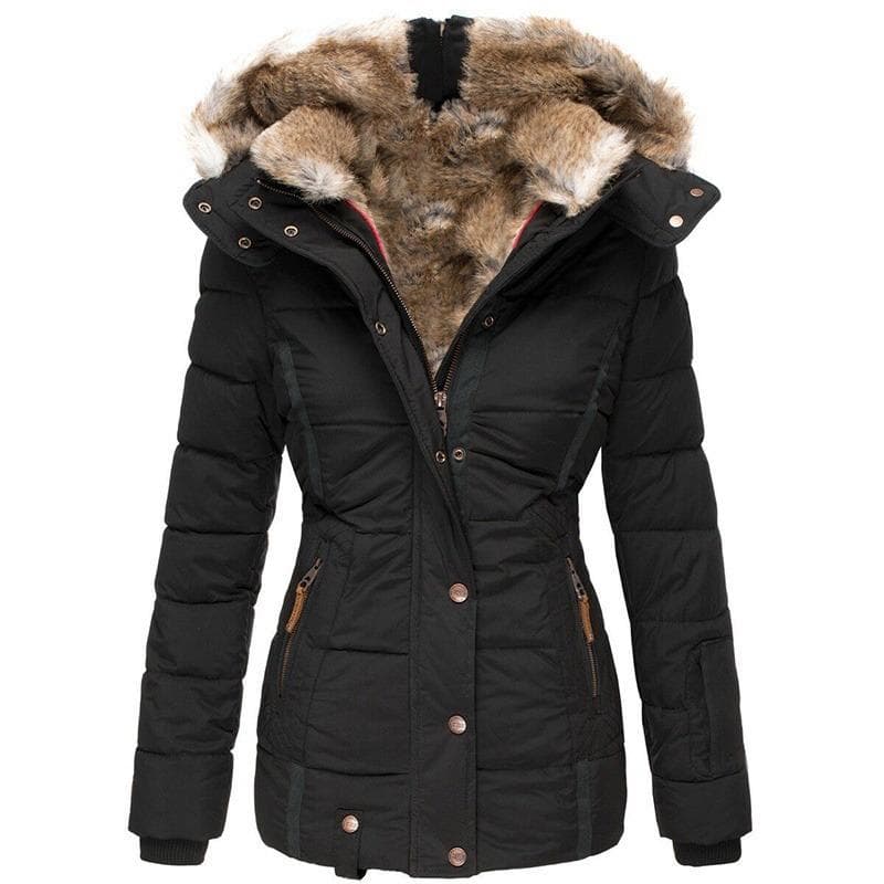 Winter Women Fashion Hooded Coat Faux Fur Warm Cotton Coats Casual Outerwear Fur Collar Jackets S black
