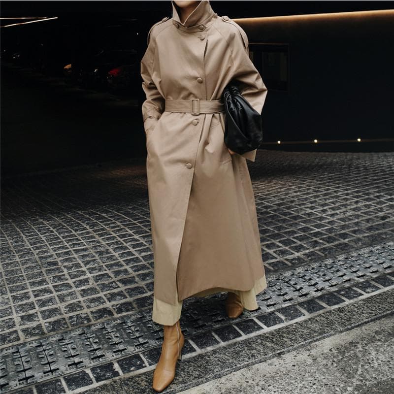 Windbreaker Women's Mid-Length Korean Style Autumn New Style Stand Collar Slim Waist Long Sleeve Lace-up Women's Jacket XL