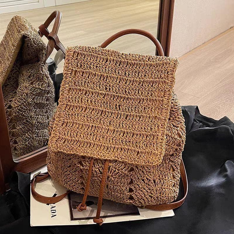 Large Capacity Casual Versatile Handwoven Straw Double Use Minimalist Backpack Single Shoulder Bag - Fashionable Bohemian Beach Tote light brown