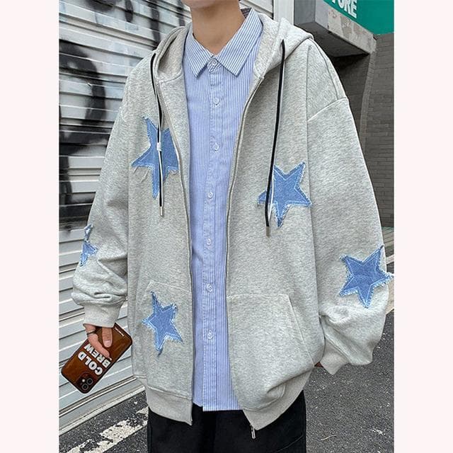 Women's Star Patch Zip Up Hoodie for women Oversized Y2k Sweatshirt Jacket E-Girl 90s Pullover Streetwear XL gray