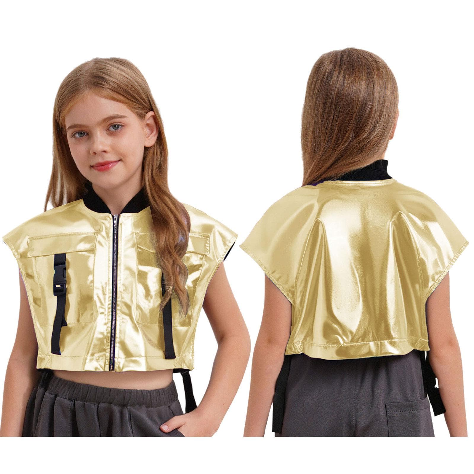 Kids Girls Jazz Dance Stage Vest: Sides Open Metallic Jacket with Zipper & Buckle Pockets, Sleeveless Performance Top 11-12 Years gold