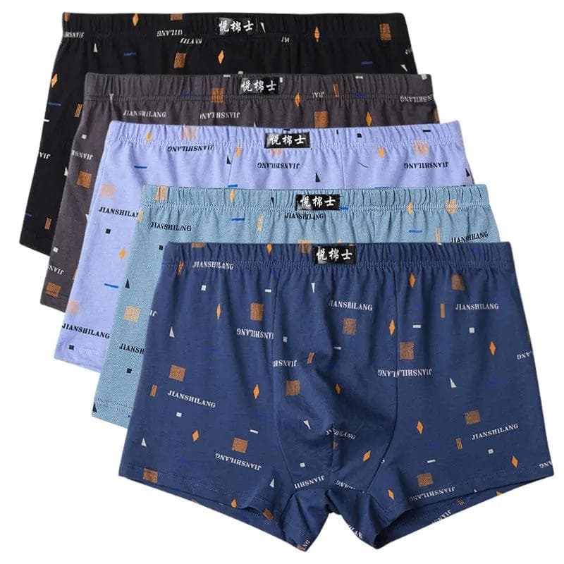 5PCS 100% Cotton Men's Boxer Briefs Youth Trend Pure Cotton Plus Size Mid-waist Four-corner Breathable Sweat-absorbent Loose Briefs XL