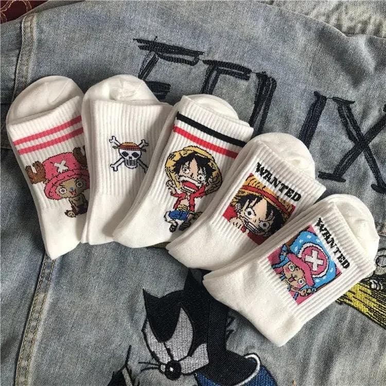 5Pair Anime One Piece Socks Cartoon Luffy Chopper Student Cotton White Long Short Boat Socks Printed Knitted Socks Children Gift 5pcs