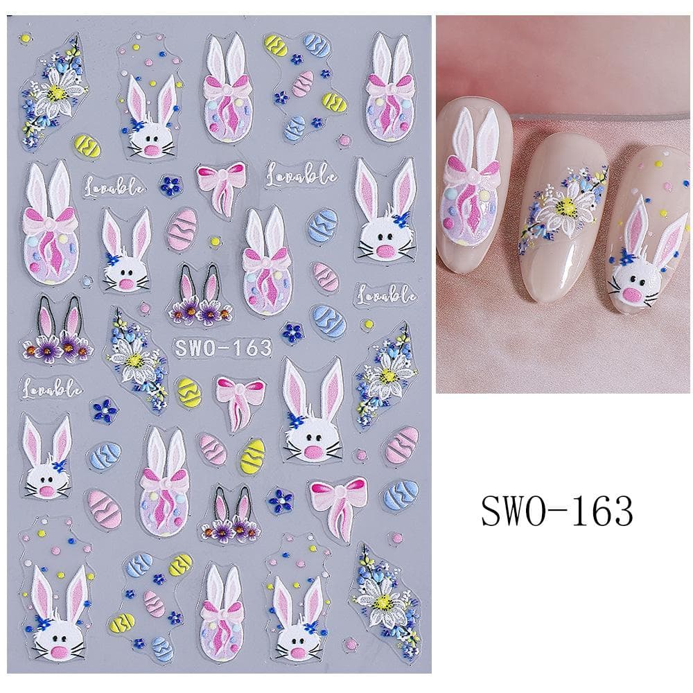 1pcs Easter Design 5D Embossed Nail Stickers, Cute Rabbit Colorful Floral Bunny Ears, Easter Eggs Nail Art Decals, Self-Adhesive Nail Decor SWO-163