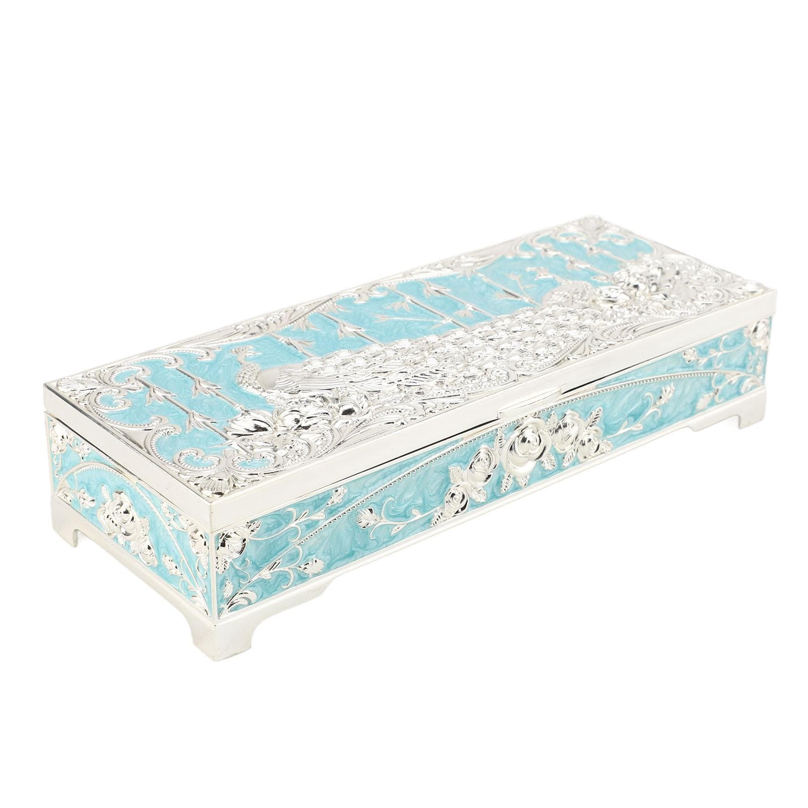 Vintage Metal Jewelry Box Peacock Pattern Zinc Alloy Rectangular Trinket Storage Organizer Box