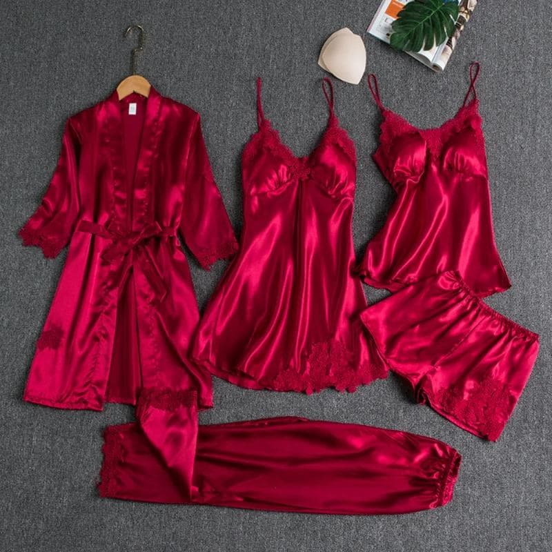 5PC Silk Robe Sleep Suit Womens Lace Satin Pajamas Gown Set V-Neck Cami Nighties Wear Pijama Home Nightwear Spring Nightdress L
