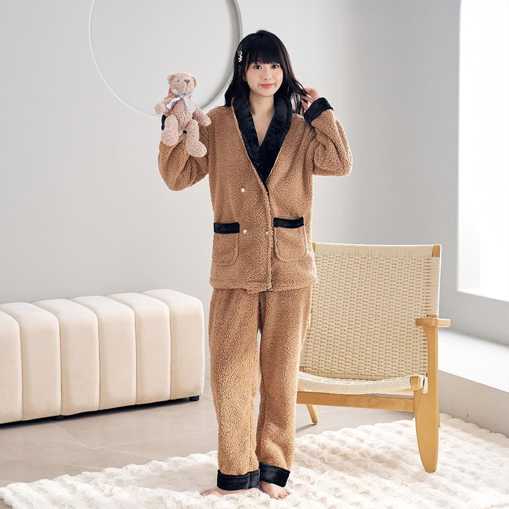 Female Sweet 2PCS Pajamas Set Autumn Winter Coral Fleece Sleepwear Trousers Pijamas Suit Thickened Warm Homewear Lounge Wear XL