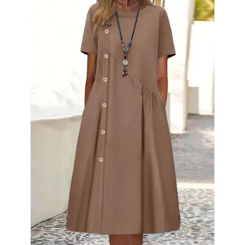 Women's Dress, Casual Button Decoration, Folded Pocket, Mid-length Dress 5XL coffee