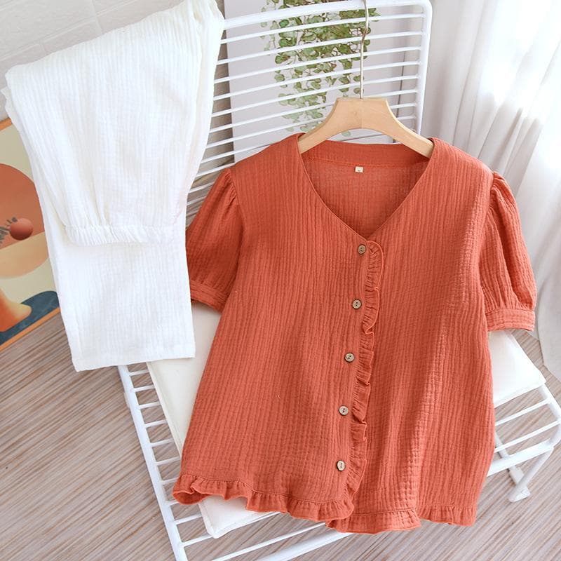 New Spring/Summer Pajama Set 100% Cotton Short Sleeve+Pants Two Piece Set for Women's Doll Neck Cute Home Furnishing XL