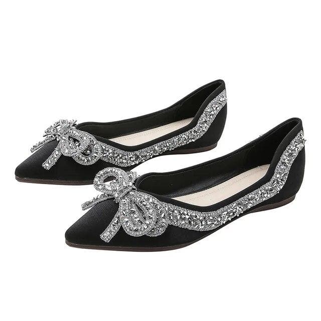Fashion Rhinestone Single Shoes for Women Summer Large Size Pointed Toe Flat Sole Bowknot Womens Shoes 39 black