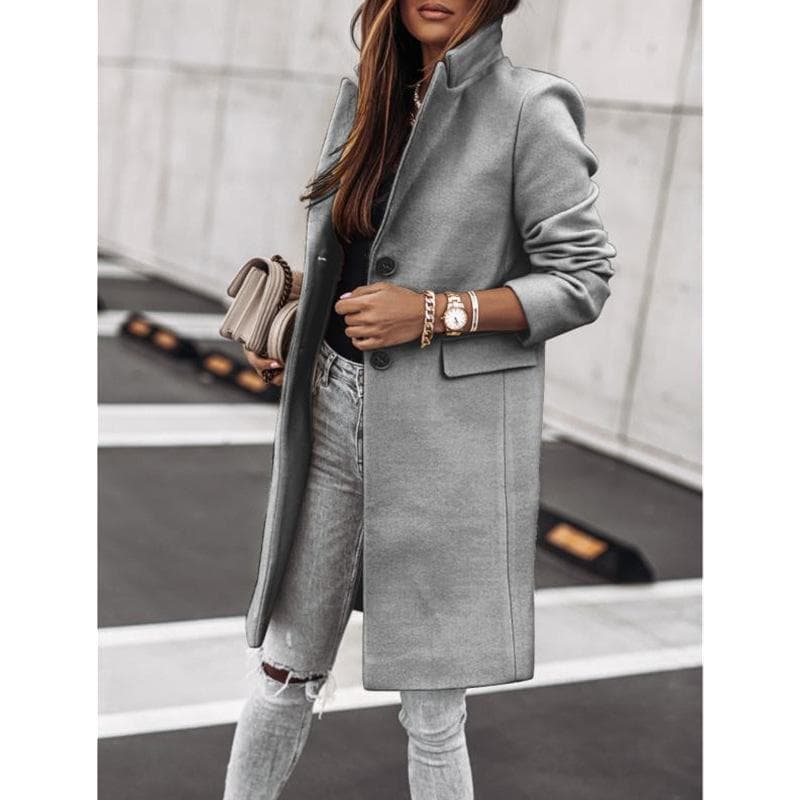 Autumn and Winter Simple Long-sleeved Buttoned Woolen Coat for Women 2XL