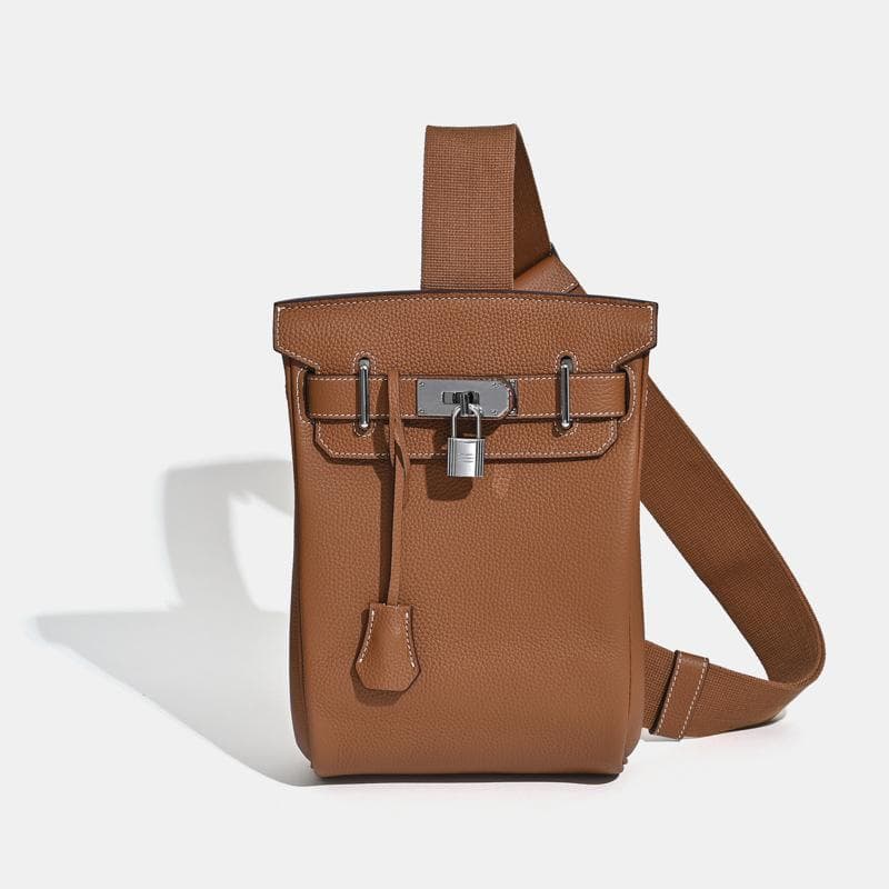 2025 New Unisex Top Layer Cowhide Chest Bag Shoulder Bag Genuine Leather Backpack With Lock Hanging Decoration 17 x 8 x 27CM+silver buckle golden brown
