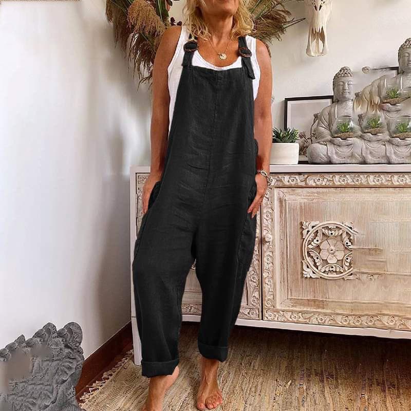 Women Wide Leg Overalls Adjustable Button Cotton Linen Workwear With Pockets M black