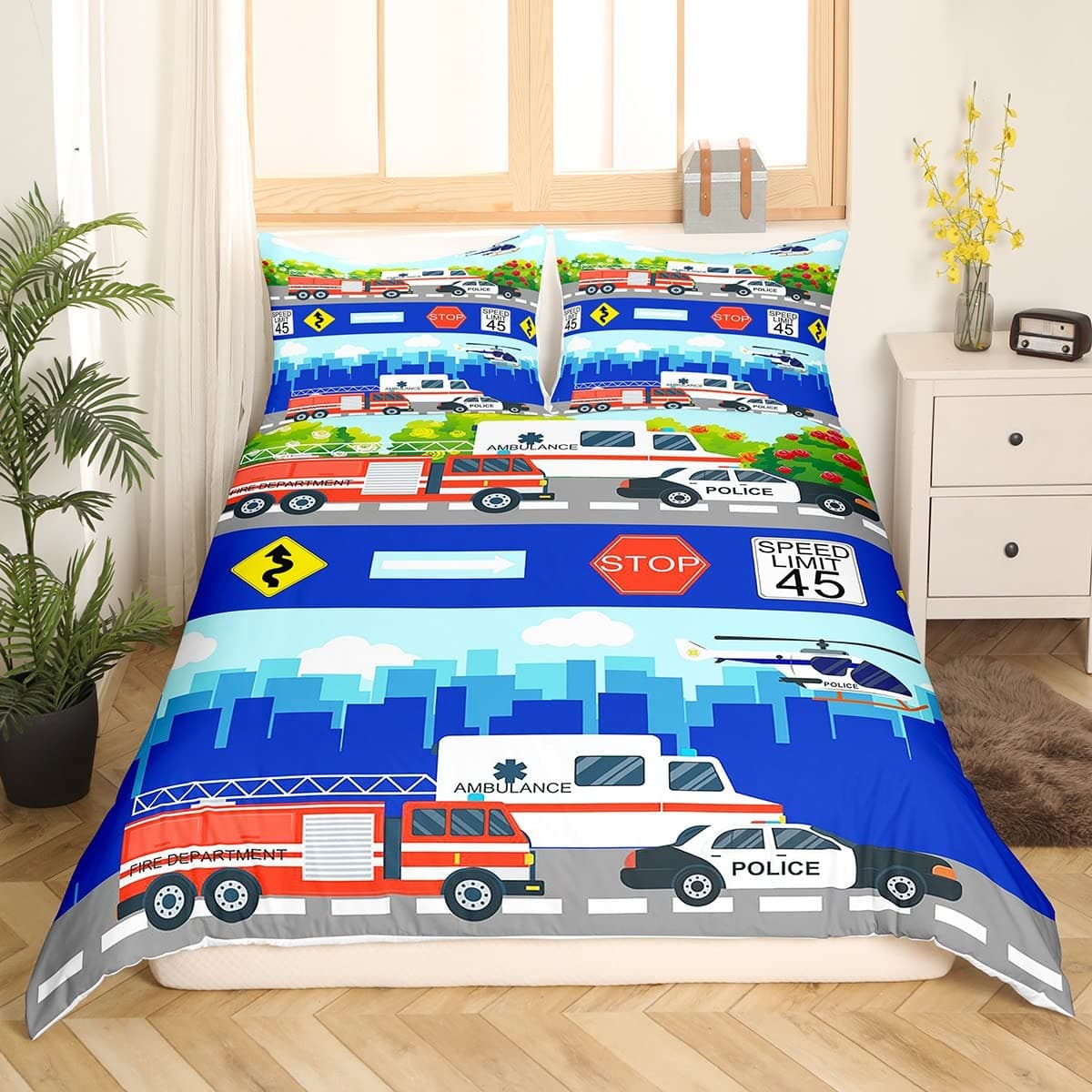 Policeman Car King Queen Duvet Cover Cartoon Black Police Car Bedding Set Boys Red Blue Cop Lights 2/3pcs Polyester Quilt Cover 70x133cm 2pcs