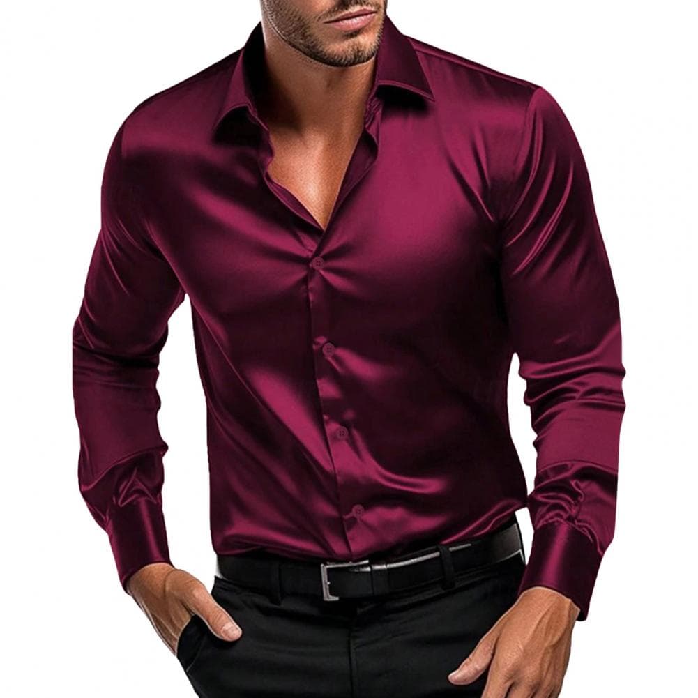 Lapel Collar Dress Shirt Men's Satin Button-down Cardigan Shirt with Turn-down Collar for Fall Spring Slim Fit for Office L wine red