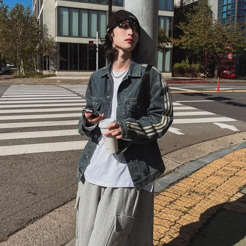 Retro Washed Three-stripe Denim Jacket for Men In Autumn Loose Lapel Jacket Korean Style Trendy Niche Jacket 2XL blue