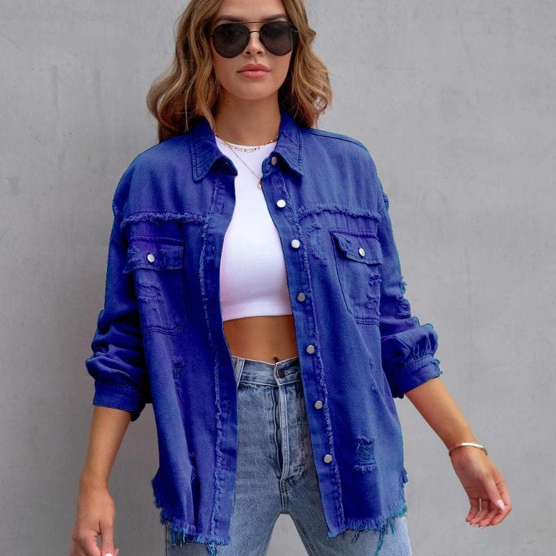 Women's Fashion Ripped Denim Women's Spring and Autumn Long-sleeved Casual Lapel Top Jacket S blue