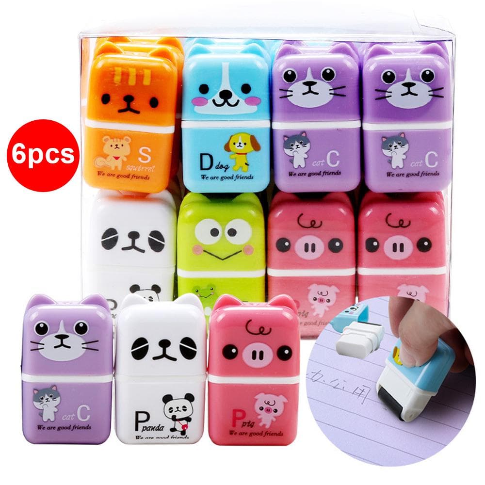 6pcs Cute Animal Pencil Eraser Cartoon Small Roller Erasers Rubber Stationery Supplies for Office