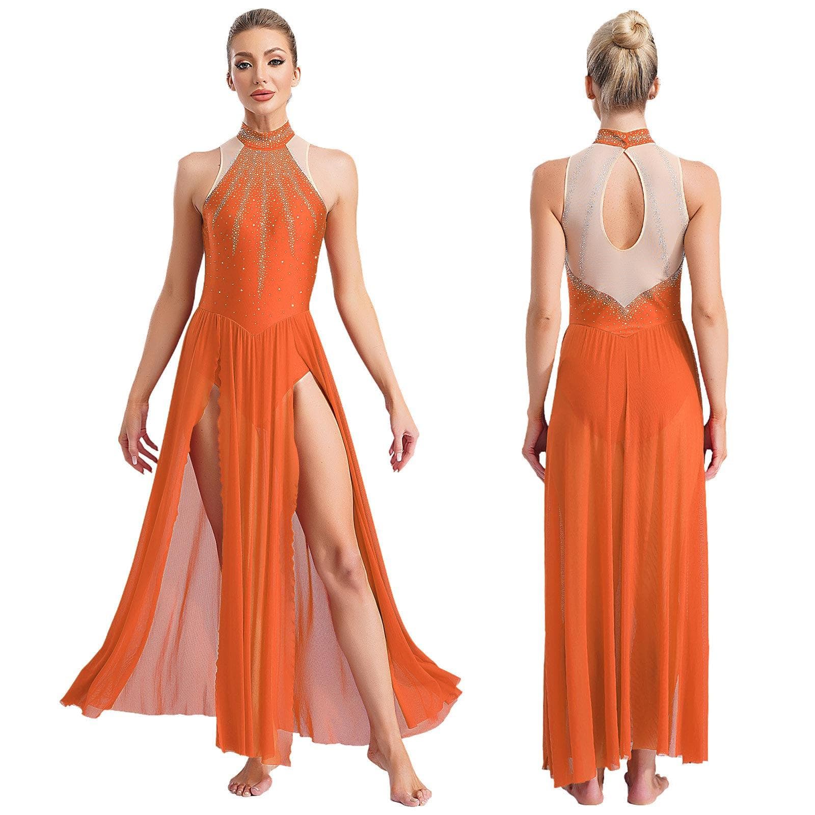 Women Modern Lyrical Dance Dress Sleeveless Split Sheer Mesh Ballet Gymnastics Leotard Dress Contemporary Performance Dancewear XL orange