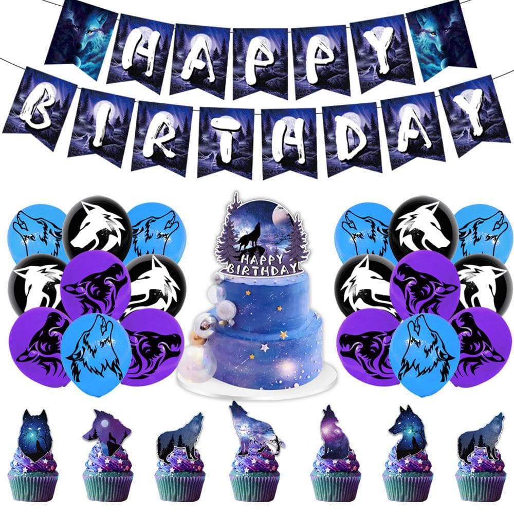 44 pcs Wolf Birthday Party Decorations include Banner Cake Topper Balloon