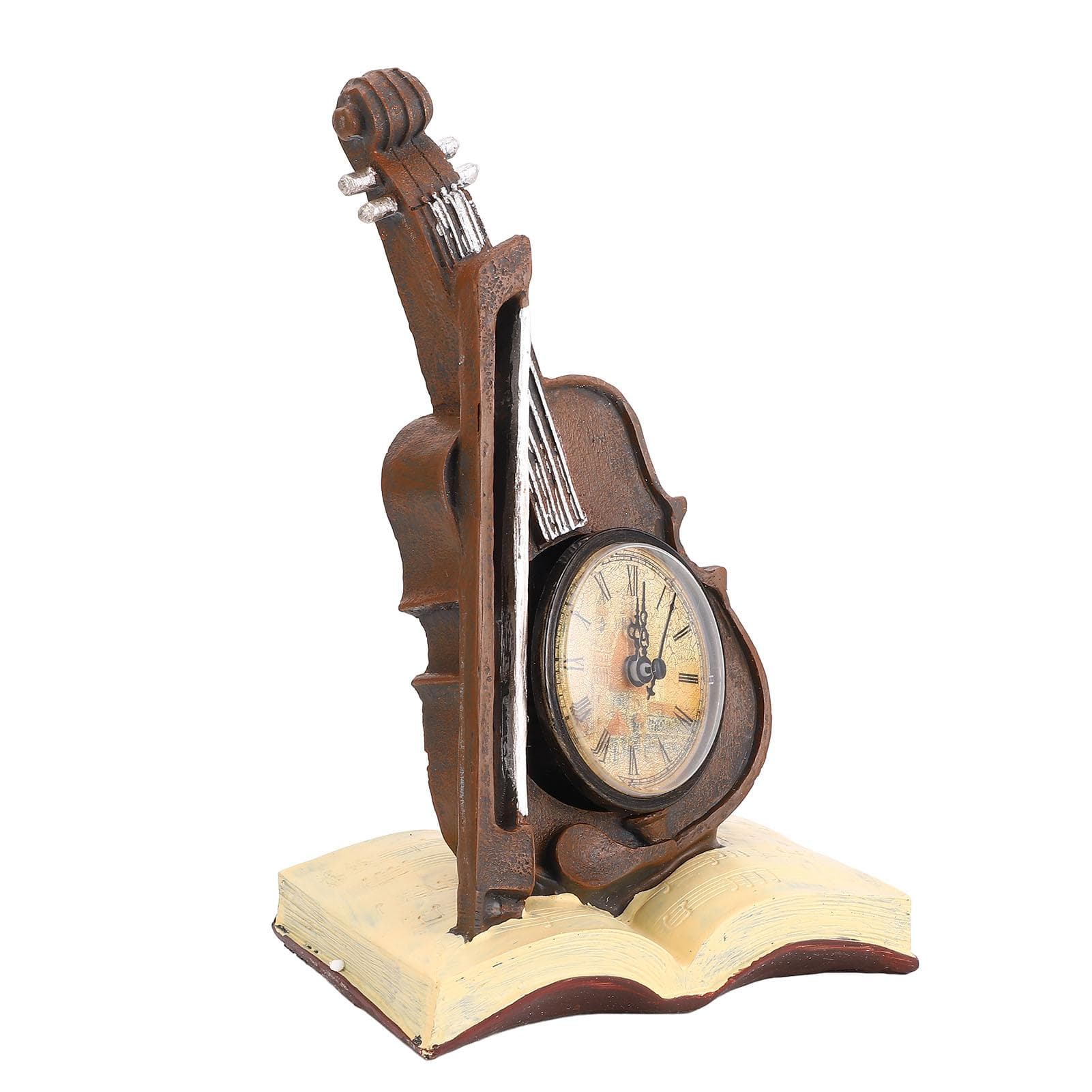 Retro Table Clock Book and Violin Shape Vintage Clock Resin Art Ornament for Home Living Room