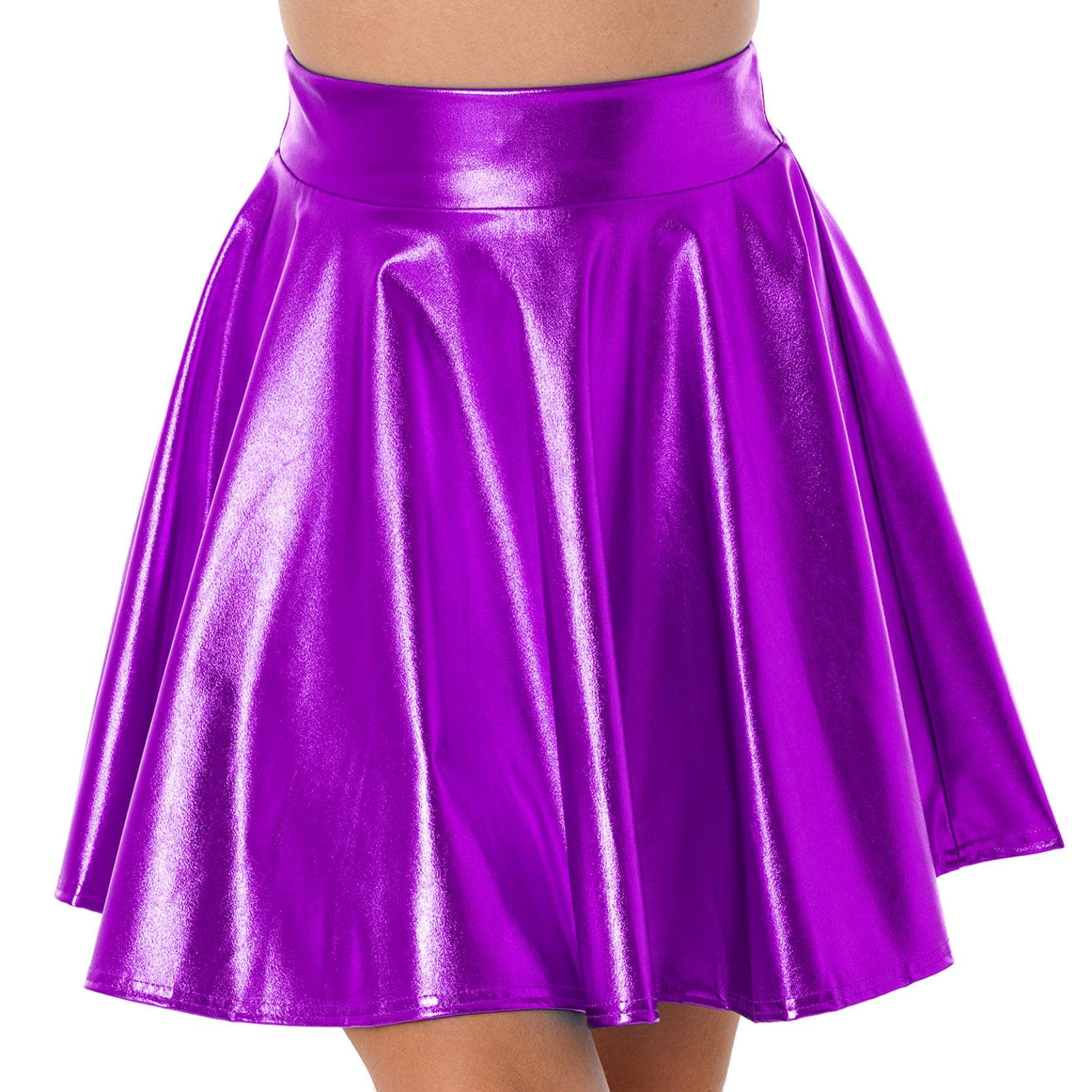 Womens Shiny Metallic Ruffle Glossy Mini Skirts Punk Party Clubwear Streetwear High Waist Flare Skirt Rave Cocktail Costume L purple