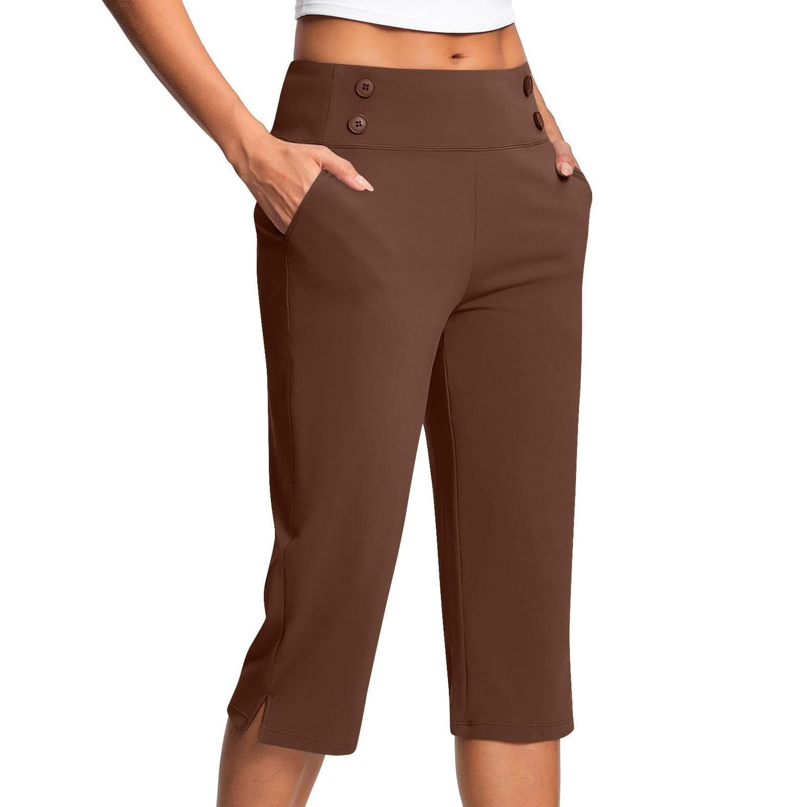 Women's Fashionable Solid Color Button Pocket Pants With Split Hems High Waist Sports Yoga Casual Cropped Pants XXL brown