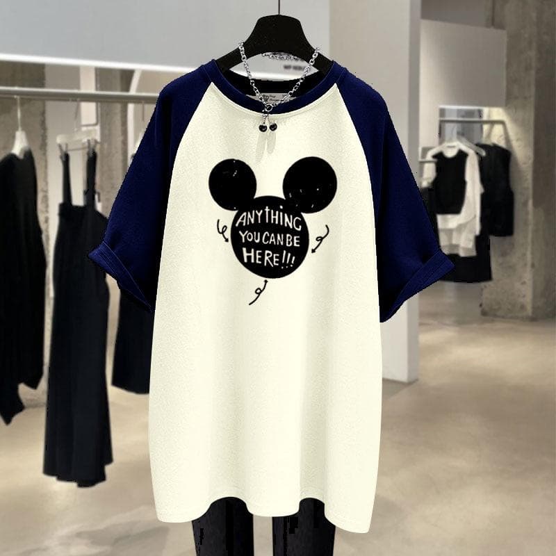 New Summer European Letters Large Version Loose Splicing Contrasting Color Rag-sleeved Short-sleeved T-shirt for Women XXXL