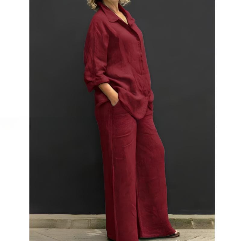 Women Linen Casual Shirt 2 Pieces Set Fashion Lapel Long Sleeve Button Blouse And Trousers Outfits Loose Wide Leg Pants Suits XXL wine red