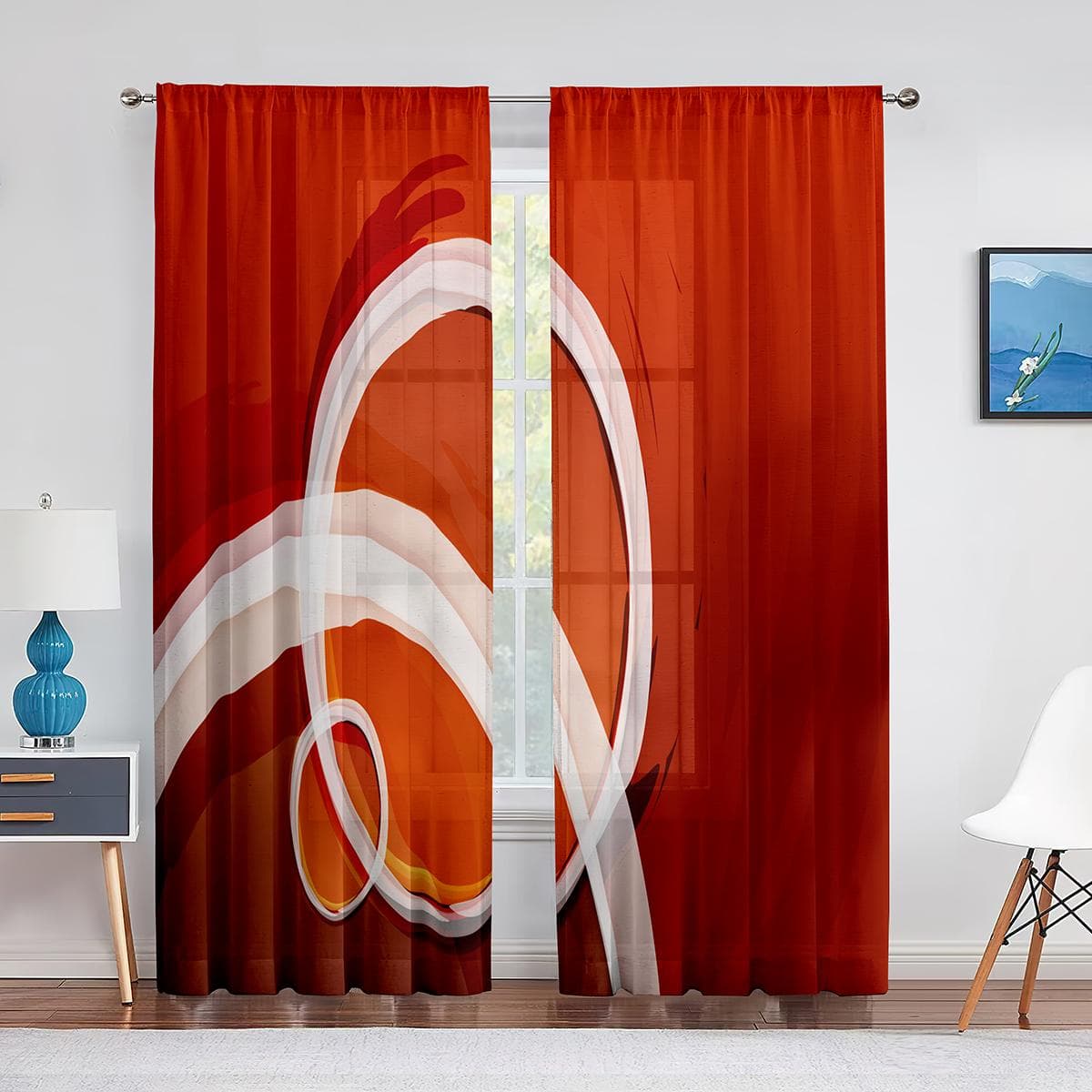 Geometric Shapes Circles Stripes Tulle Curtains for Living Room Bedroom Decoration Chiffon Sheer Voile Kitchen Window Curtain 1 PCS W100XH250cm&Grommet Top