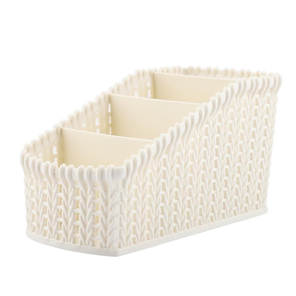 Multi grid Rattan Desktop Storage Box Cosmetics Holder Desktop Organizer (Creamy White)