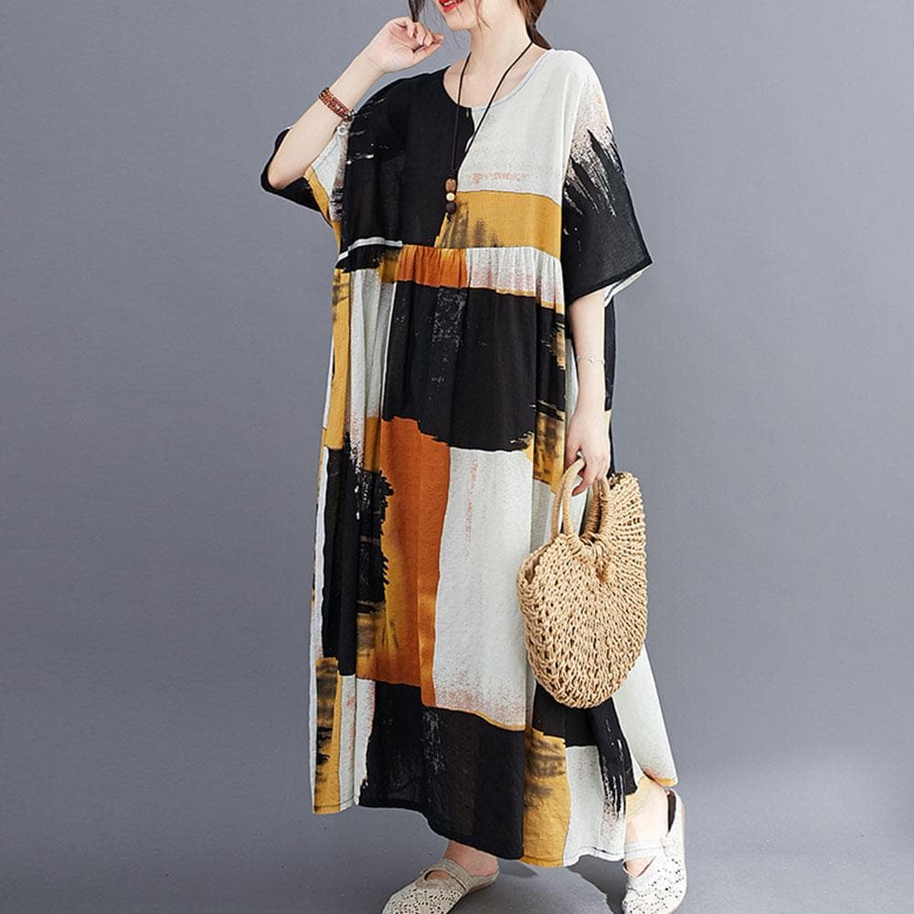 Vintage Women Cotton Linen Dress Print Spliced Striped O Neck Short Sleeve Pocket Loose Dress Eighteen_One size