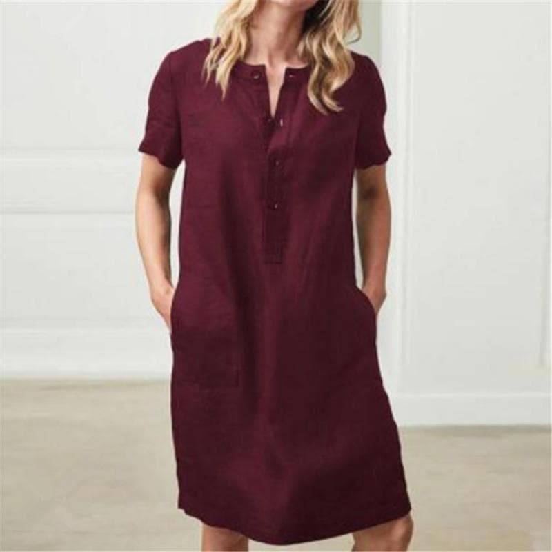 Women's Fashion Cotton Linen Loose Short Sleeve Dress XL red
