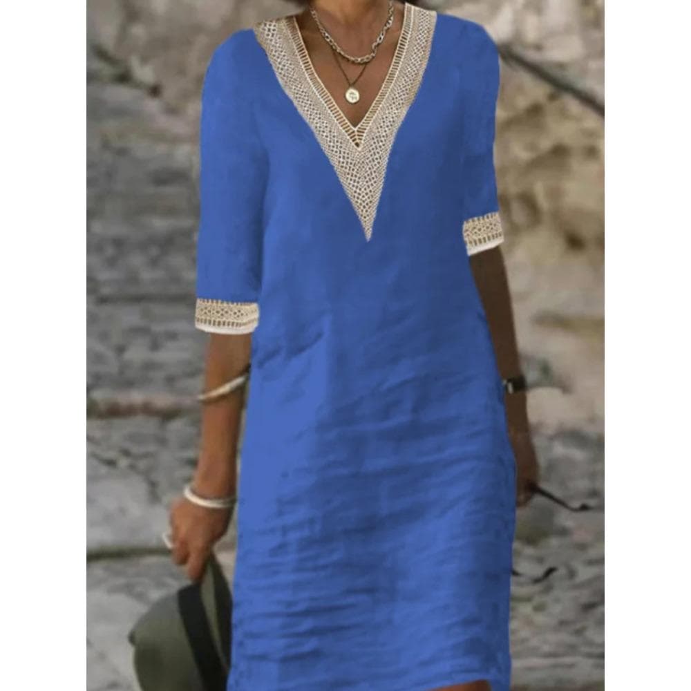GMXIA Women's Fashion Casual Solid Color Print 1/2 Sleeves V-Neck Slim Dresses XL blue