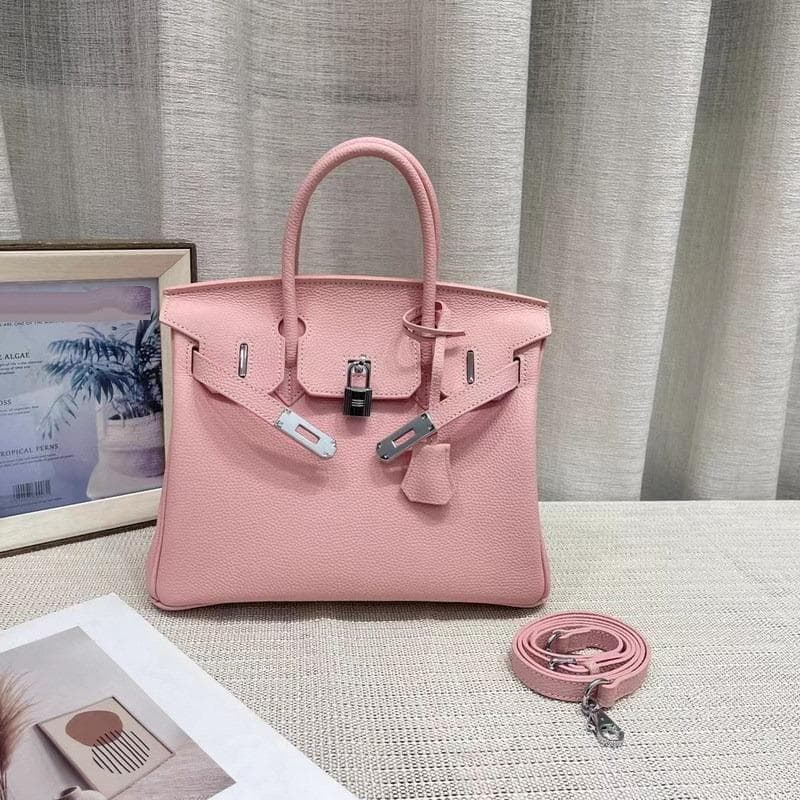 New Gold Buckle Silver Buckle Layer Cowhide Togo Platinum Bag Genuine Leather Women's Bag Hand-held Bag 20x10x16cm pink