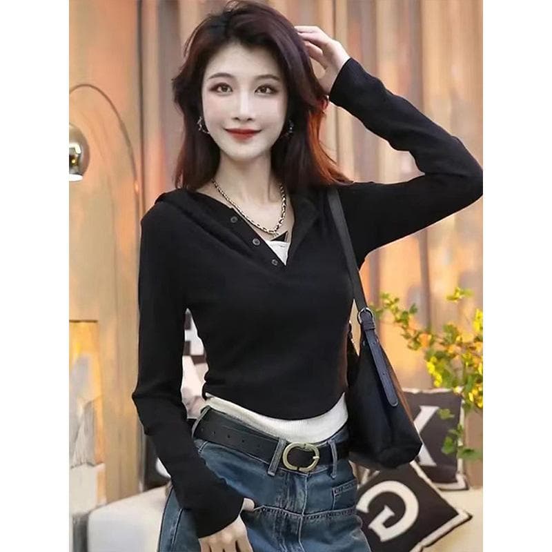 Hooded Fake Two-piece Contrasting Long-sleeved T-shirt for Women In Spring and Autumn New Slim Fit Short Inner Top XL