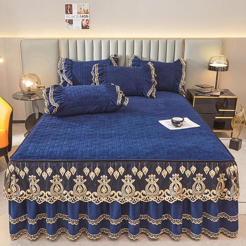 Dark Blue Luxury Lace Winter Bedspread Thick Home Bed Skirt-style Bed Sheets Embroidery Cotton European-style Bed Spreads 180x220cm 1pcs