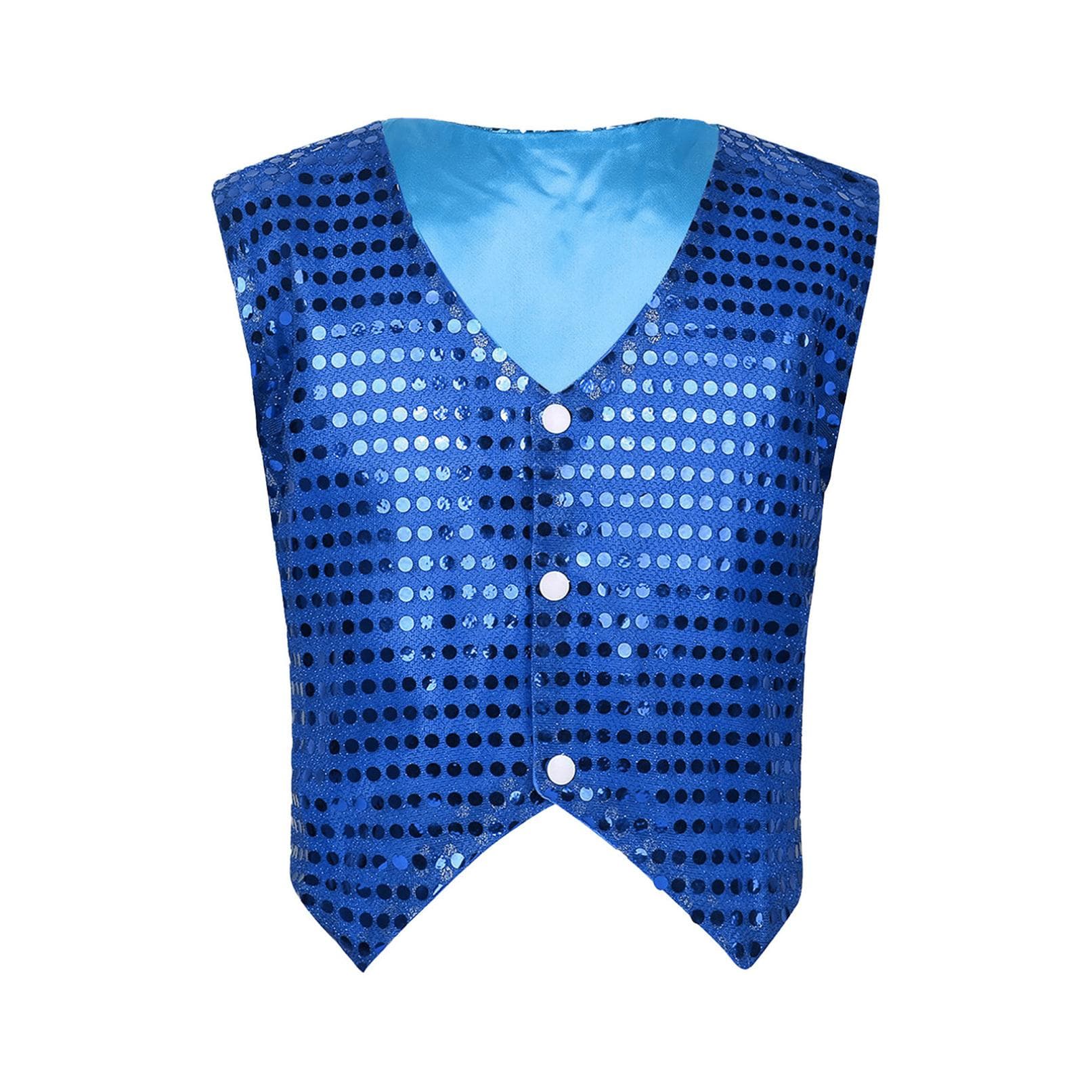 Kids Sequin Glitter Waistcoat Jacket Fashion Sleeveless Party Choir Dancing Vest Costumes 10-12 Years blue