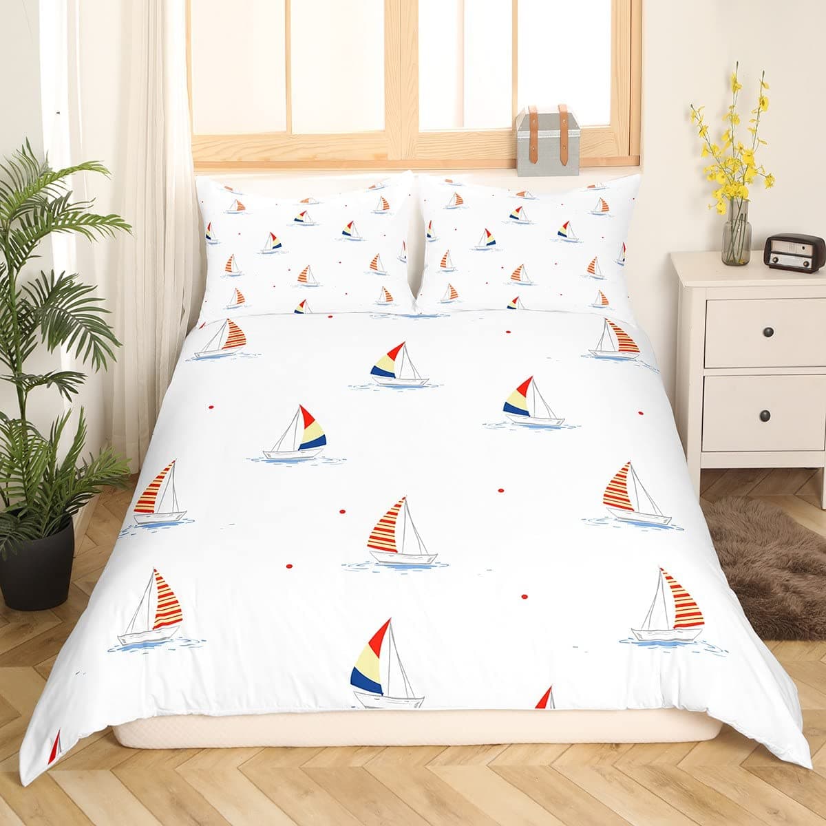 Nautical Sailboat King Queen Duvet Cover Coastal Sailing Boat Bedding Set Sea Adventure Comforter Cover Polyester Quilt Cover 135x200cm 2pcs