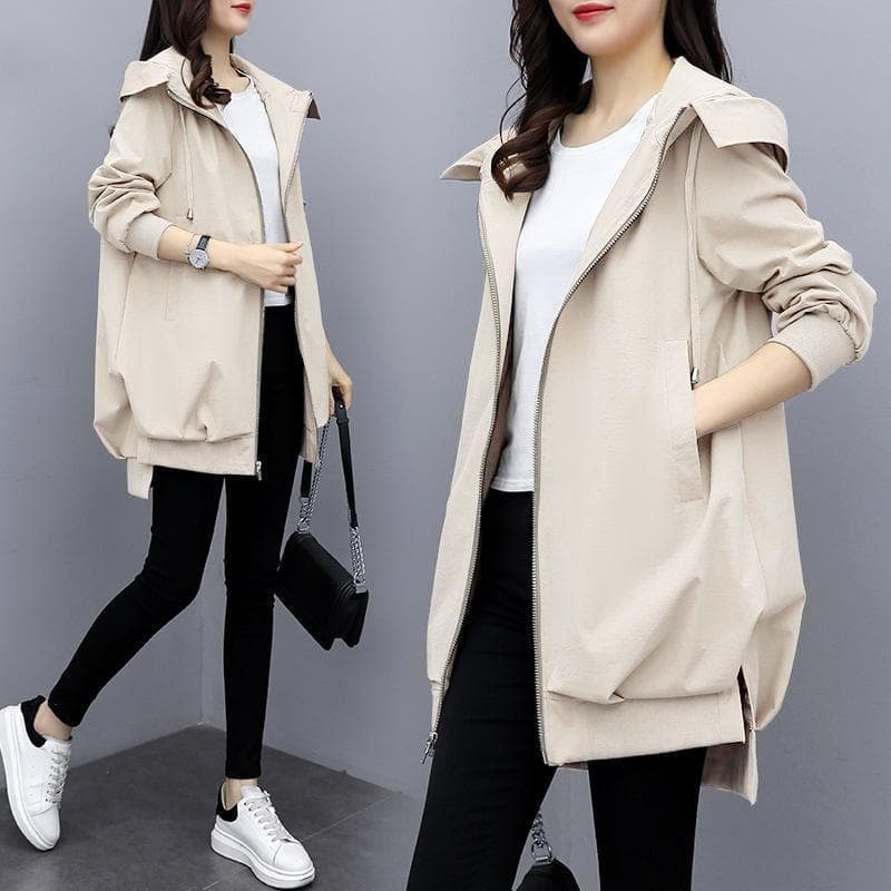 Early Autumn Windbreaker Women's Spring and Autumn Loose Relaxed Hooded Style Fashion Coat L beige