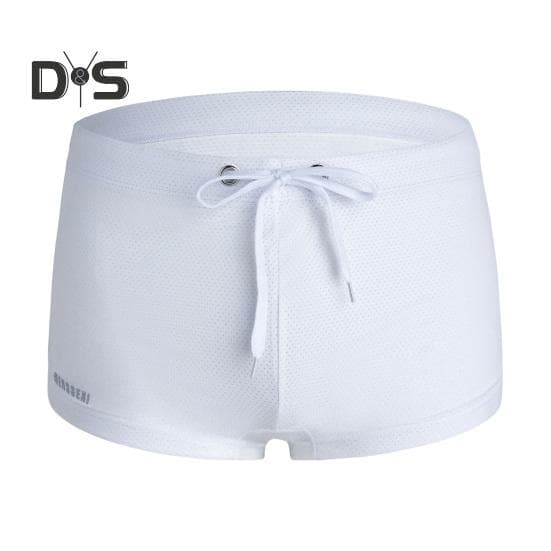 Summer Men Swim Shorts Low-rise Solid Color Beach Tight Swimming Trunks with Waist Tie Swimsuit Sports Surf Shorts Trunks S white