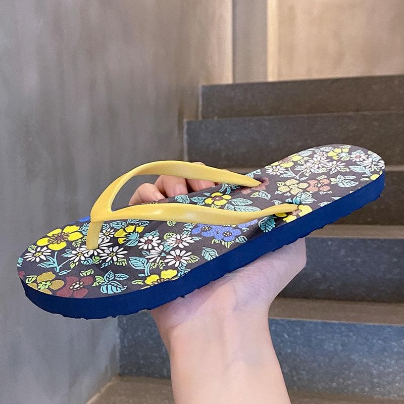 Women Summer Bohemia Beach Sandals Flat Flip Flops Ladies Fashion Slippers Indoor Shoes Silver Floral Slides 35-36 yellow