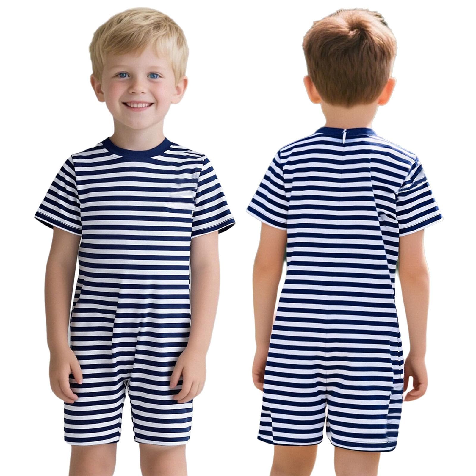 Unisex Kids Special Needs Adaptive Clothing Round Neck Short Sleeve Thigh Length Anti-Strip Back Invisible Zipper Striped Jumpsuit 5-6 Years navy blue