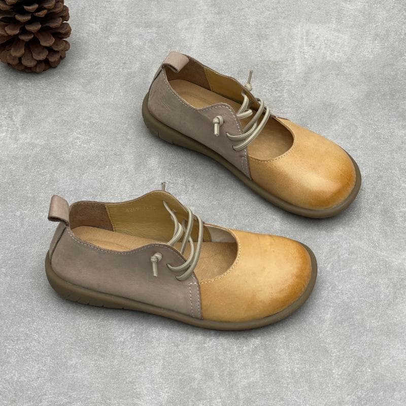 Johnature Handmade Genuine Leather Round Toe Mixed Colors Women's Flat Shoes Elastic Band Slip-on Loafers 39